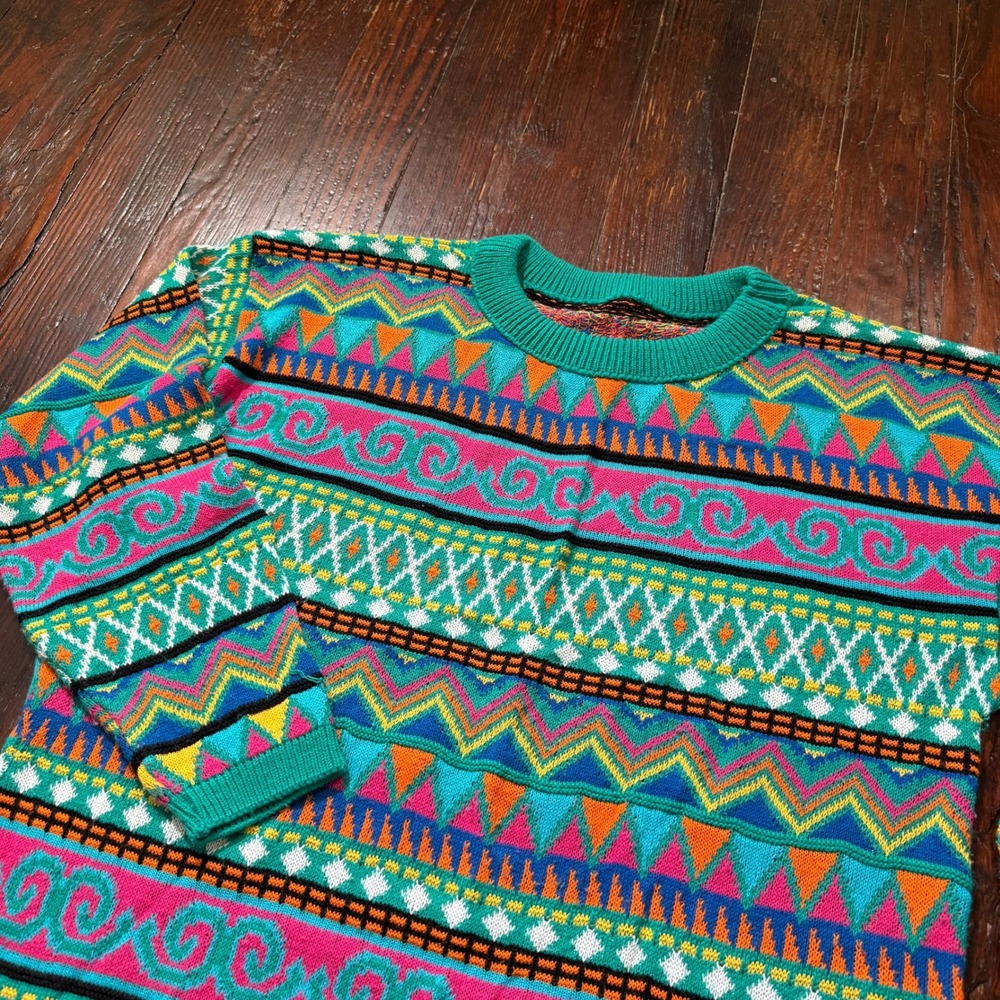 Vintage 80s Sweater Womens L Teal Geometric Stripes Knit Retro 90s Pullover